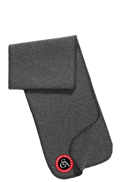 Gray scarf with a red and white logo on a white background. Paper Street Print Co, Blairstown, NJ.