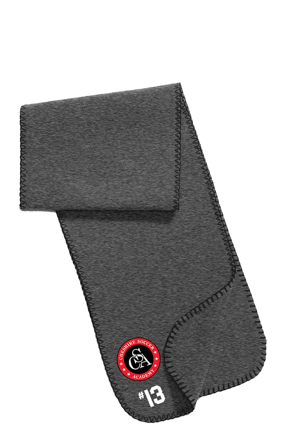 Gray scarf with a logo and number on a white background. Paper Street Print Co, Blairstown, NJ.