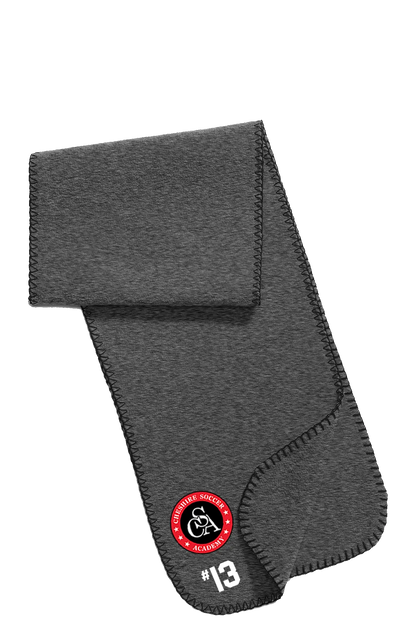 Gray scarf with a logo and number on a white background. Paper Street Print Co, Blairstown, NJ.