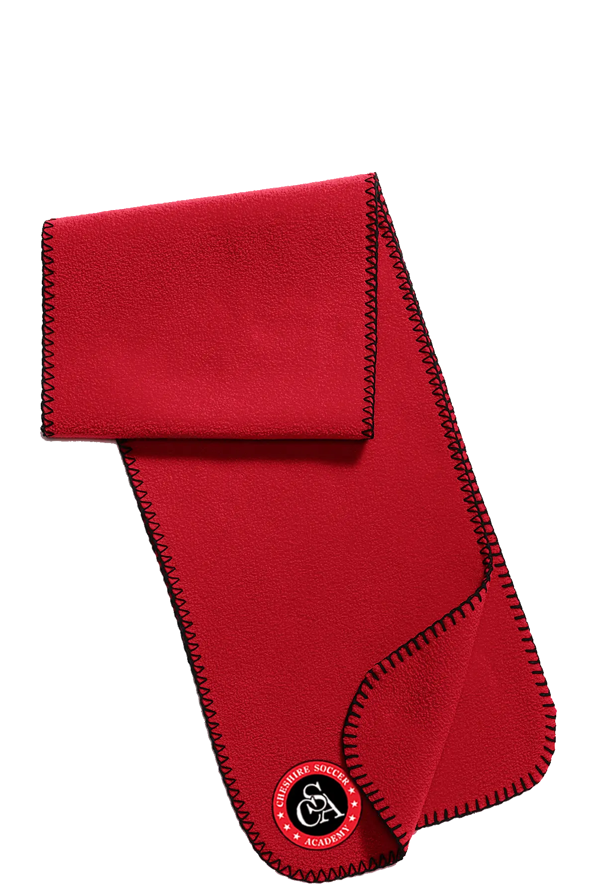 Red fleece scarf with a logo on a white background. Paper Street Print Co, Blairstown, NJ.