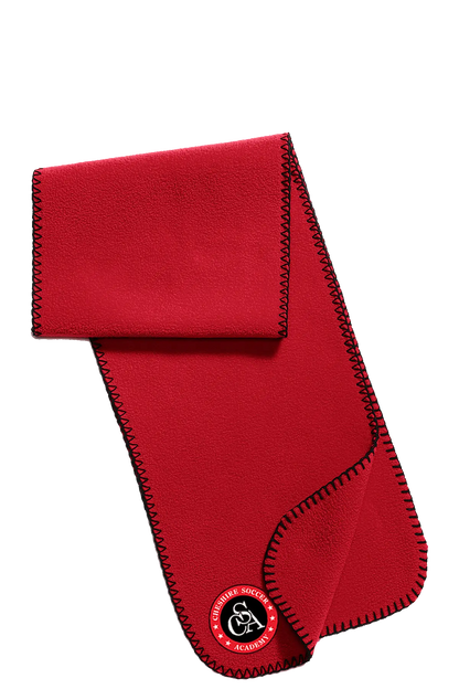 Red fleece scarf with a logo on a white background. Paper Street Print Co, Blairstown, NJ.