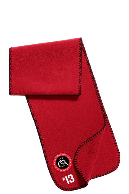 Red scarf with a logo and number on a white background. Paper Street Print Co, Blairstown, NJ.