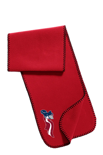 Red scarf with a logo on a white background. Paper Street Print Co, Blairstown, NJ.