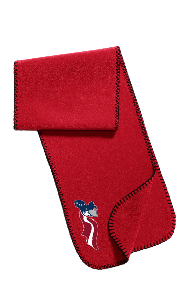 Red scarf with a logo on a white background. Paper Street Print Co, Blairstown, NJ.