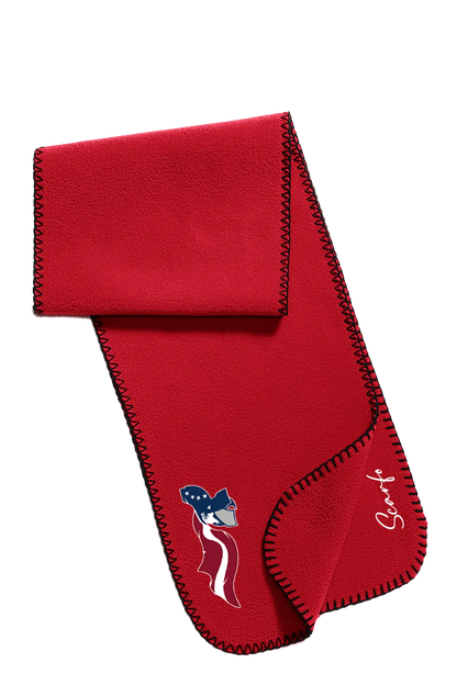 Red scarf with a logo on a white background. Paper Street Print Co, Blairstown, NJ.