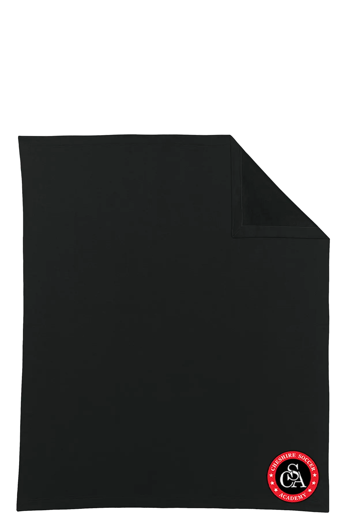 Black blanket with a red and white logo on a white background. Paper Street Print Co, Blairstown, NJ.