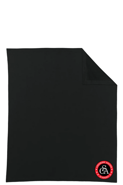 Black blanket with a red and white logo on a white background. Paper Street Print Co, Blairstown, NJ.