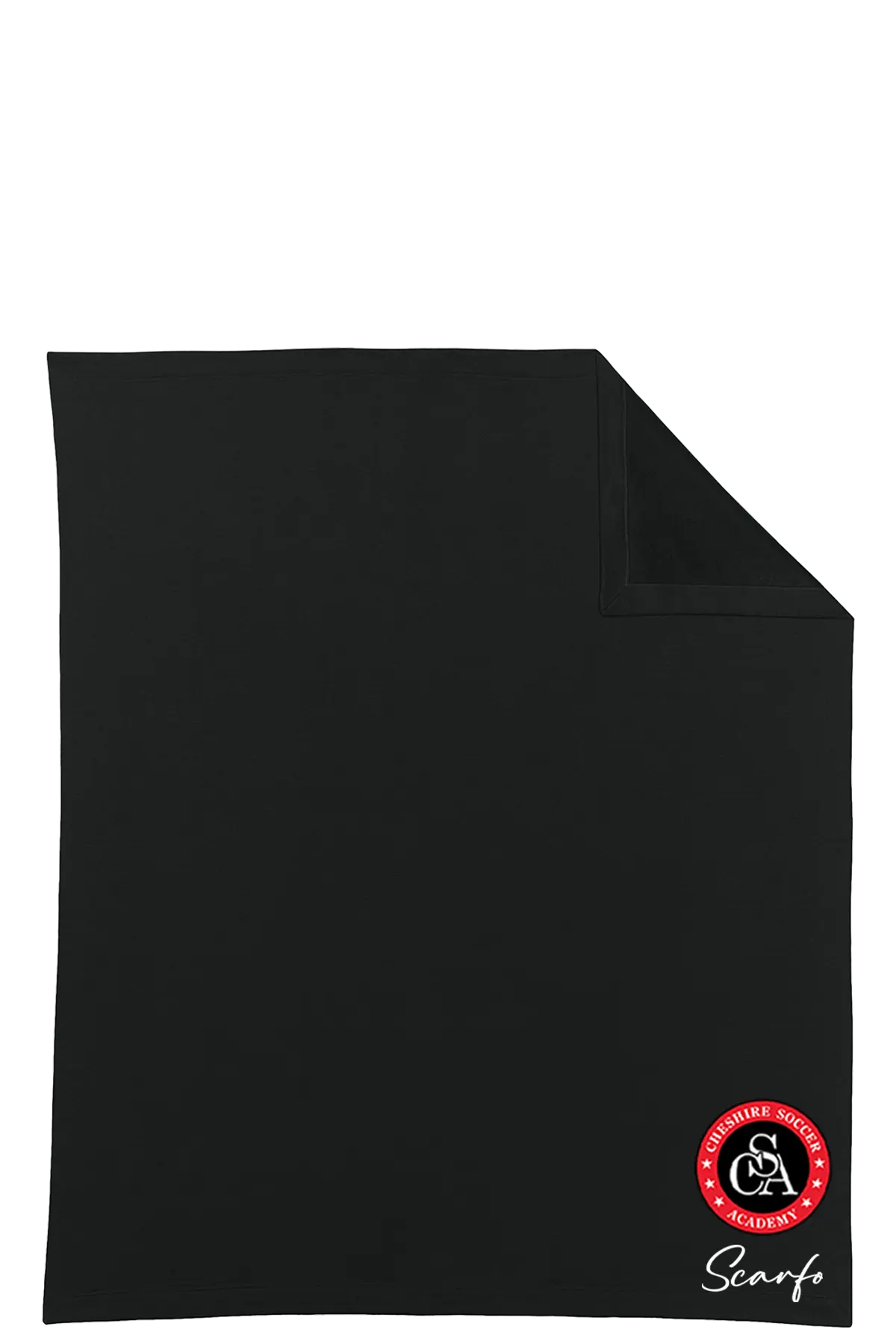 Black blanket with a logo and text on a white background. Paper Street Print Co, Blairstown, NJ.