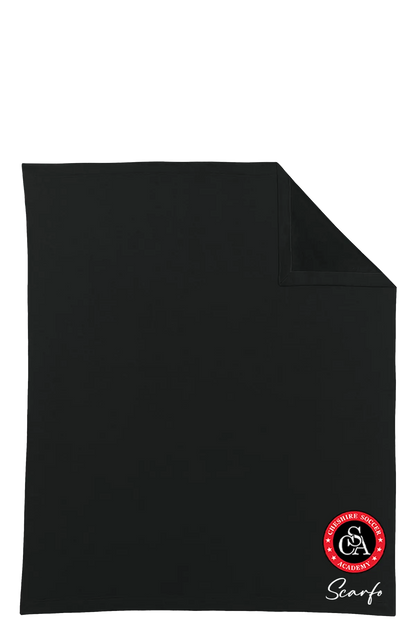 Black blanket with a logo and text on a white background. Paper Street Print Co, Blairstown, NJ.