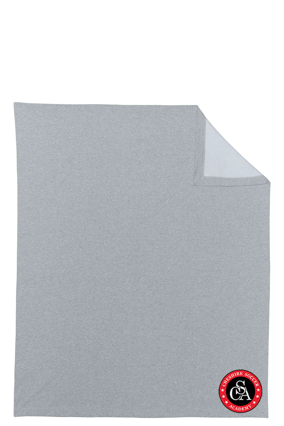 Gray blanket with a brand logo on a white background. Paper Street Print Co, Blairstown, NJ.