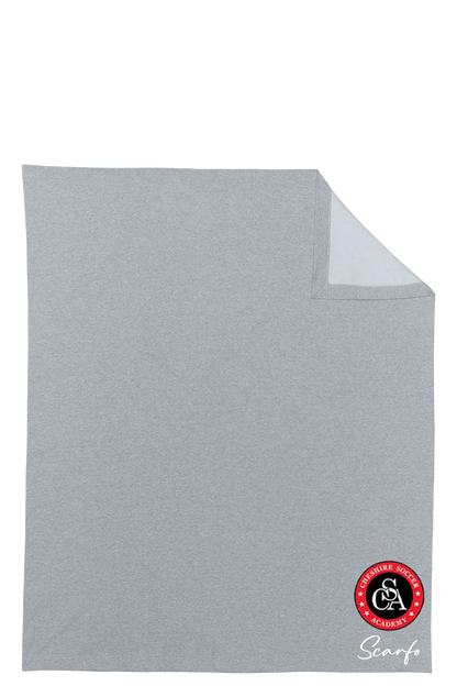 Gray blanket with a brand logo in the corner on a white background. Paper Street Print Co, Blairstown, NJ.