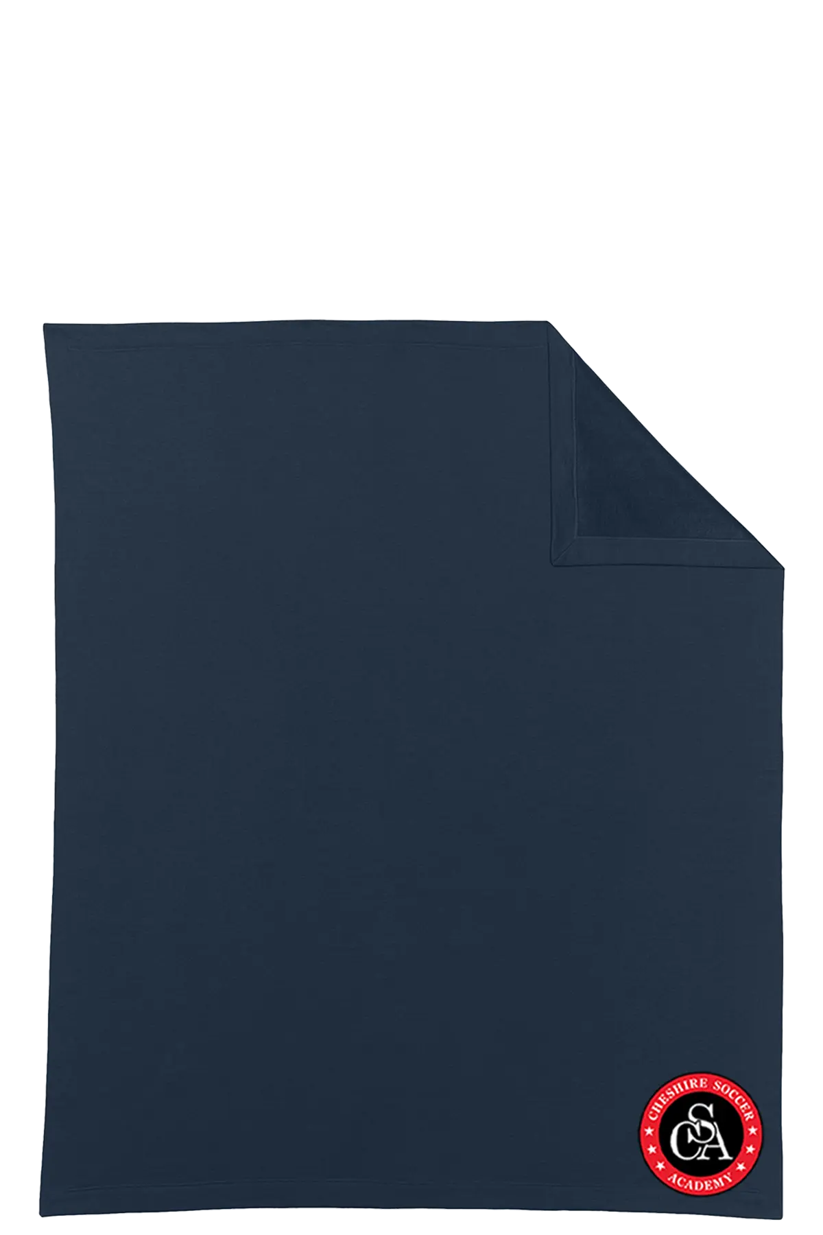 Navy blue blanket with a red and white logo on a white background. Paper Street Print Co, Blairstown, NJ.