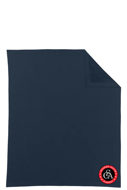 Navy blue blanket with a red and white logo on a white background. Paper Street Print Co, Blairstown, NJ.