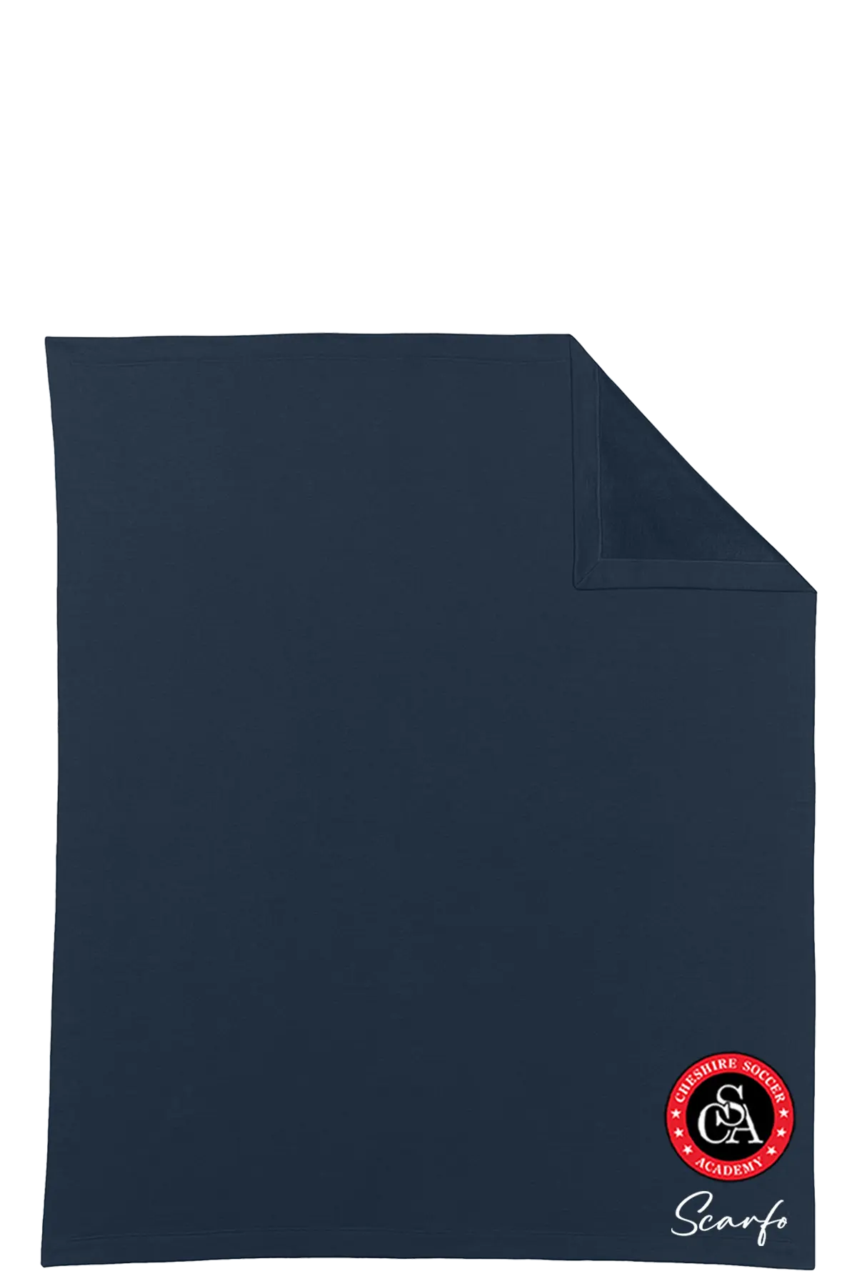 Navy blue blanket with a brand logo on a white background. Paper Street Print Co, Blairstown, NJ.