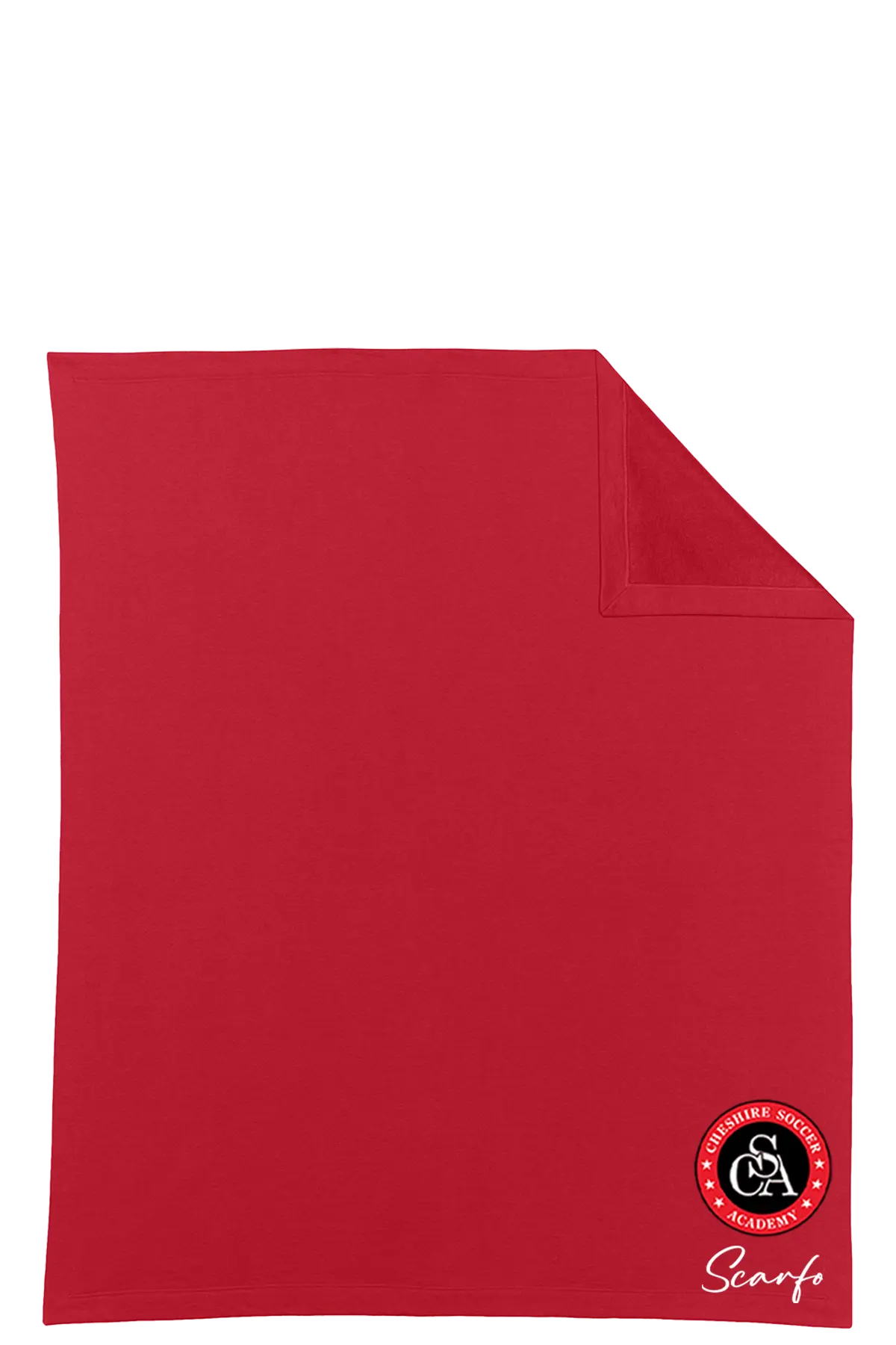 Red blanket with a logo on a white background. Paper Street Print Co, Blairstown, NJ.