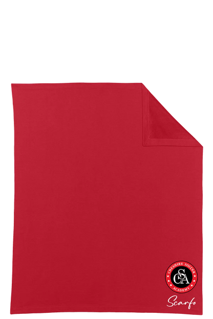 Red blanket with a logo on a white background. Paper Street Print Co, Blairstown, NJ.