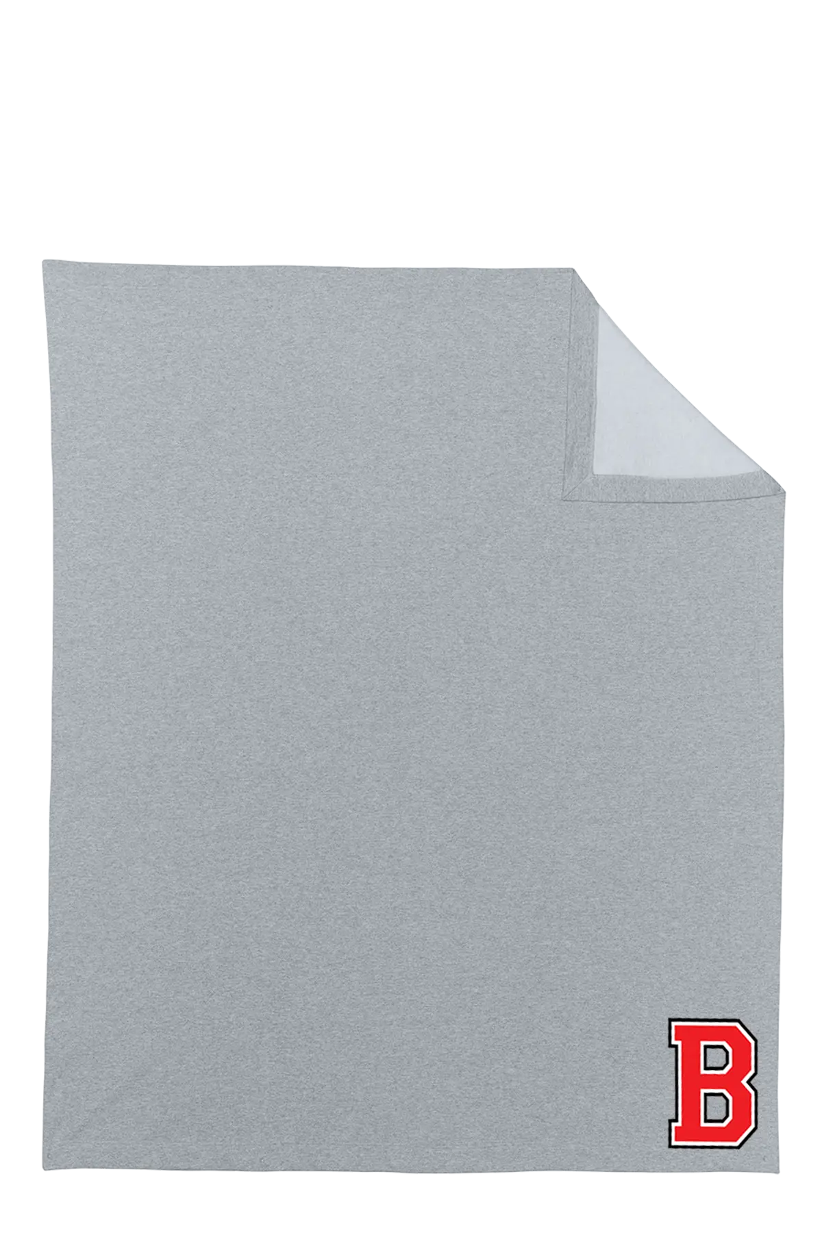 A light gray heathered blanket with a small red and white 'B' logo in the bottom right corner, shown on a plain white background. Belvidere Lady Seaters Basketball, Paper Street Print Co, Blairstown, NJ.