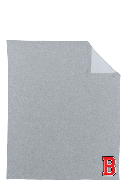 A light gray heathered blanket with a small red and white 'B' logo in the bottom right corner, shown on a plain white background. Belvidere Lady Seaters Basketball, Paper Street Print Co, Blairstown, NJ.