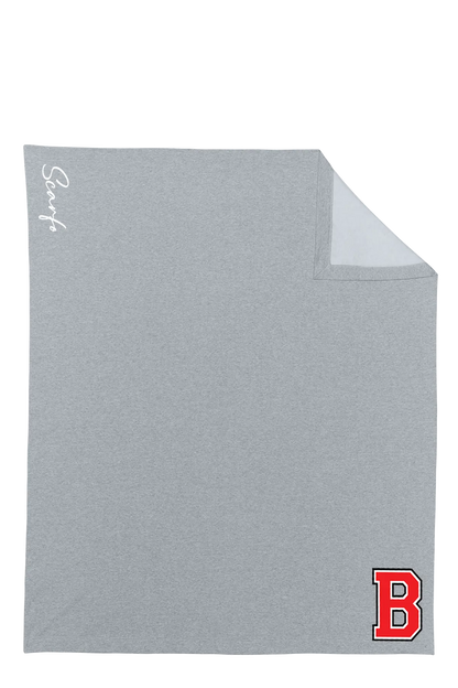 A light gray heathered square scarf with a white script logo on the left side and a red block letter 'B' outlined in white in the bottom right corner, shown on a plain white background. Belvidere Lady Seaters Basketball, Paper Street Print Co, Blairstown, NJ.