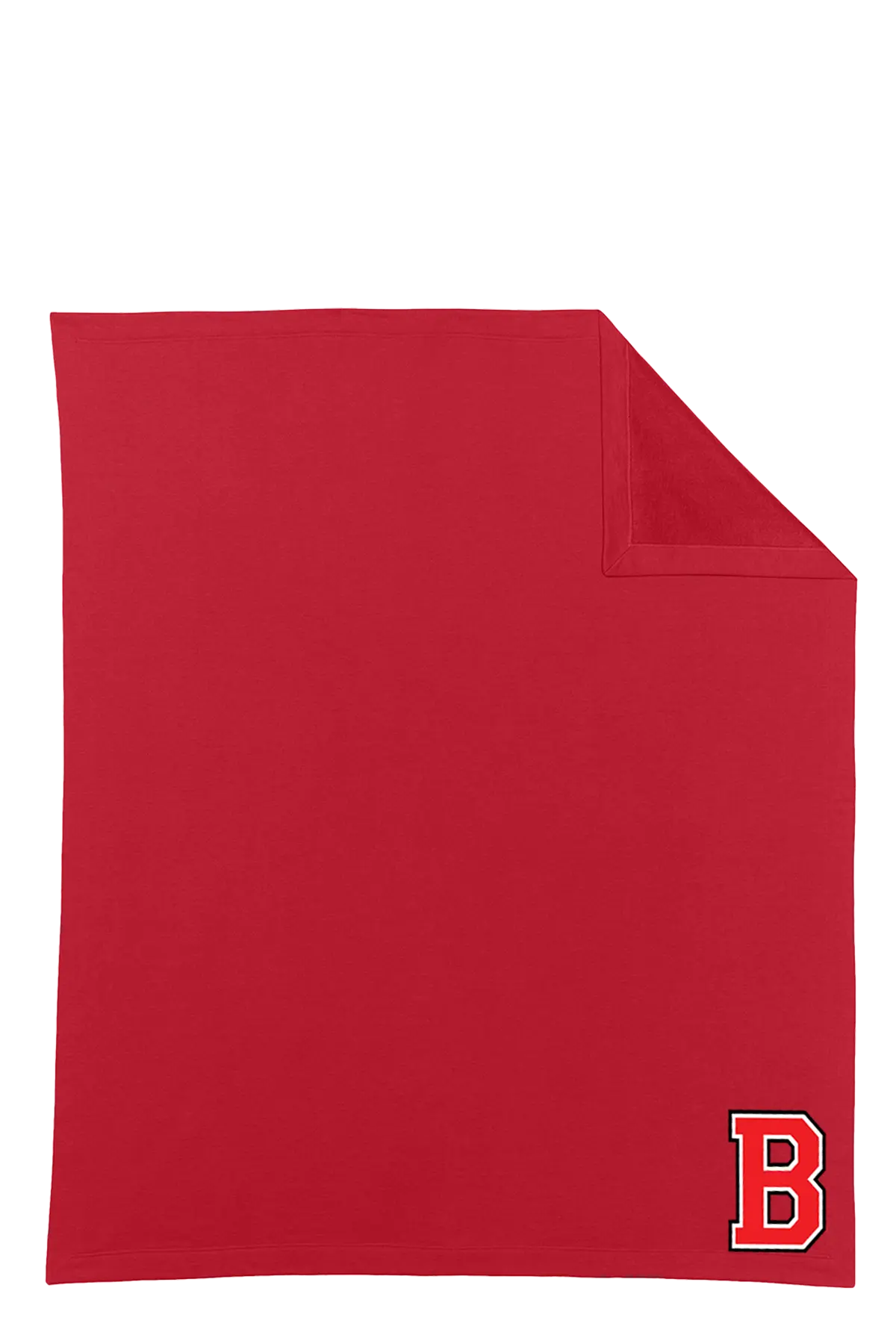 A red rectangular towel or blanket with a folded top-right corner and a white-bordered letter B logo in the bottom-right corner, shown on a plain white background. Belvidere Lady Seaters Basketball, Paper Street Print Co, Blairstown, NJ.