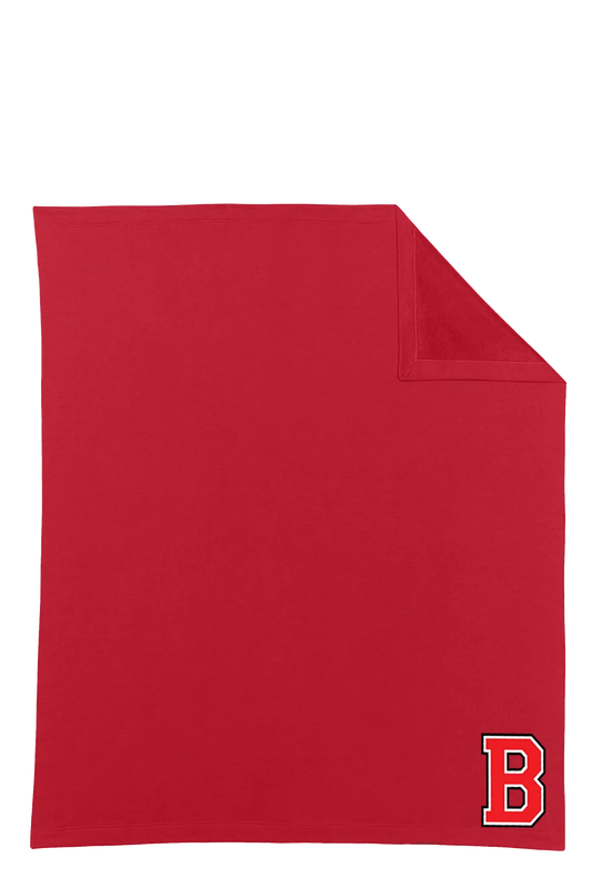 A red rectangular towel or blanket with a folded top-right corner and a white-bordered letter B logo in the bottom-right corner, shown on a plain white background. Belvidere Lady Seaters Basketball, Paper Street Print Co, Blairstown, NJ.