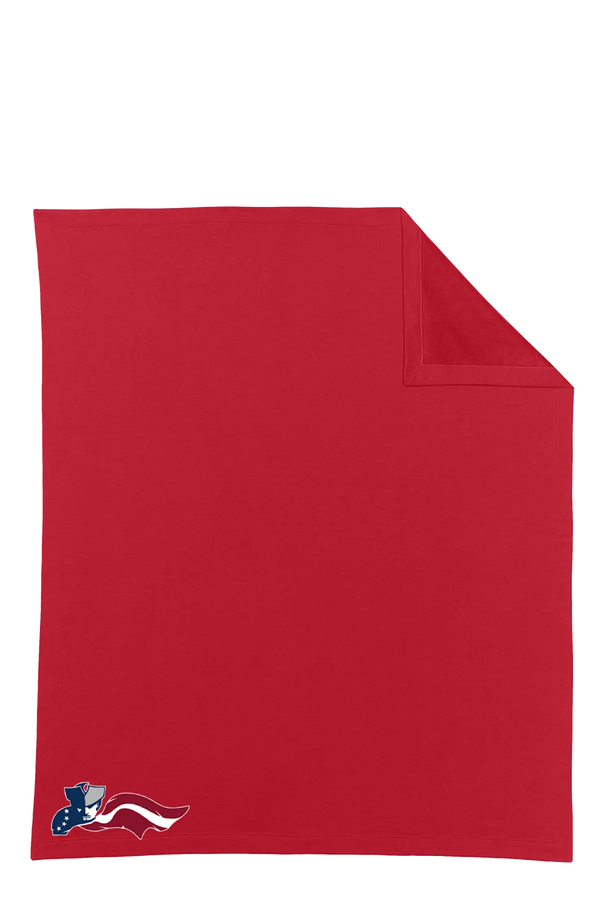 Red towel with a small logo on a white background. Paper Street Print Co, Blairstown, NJ.