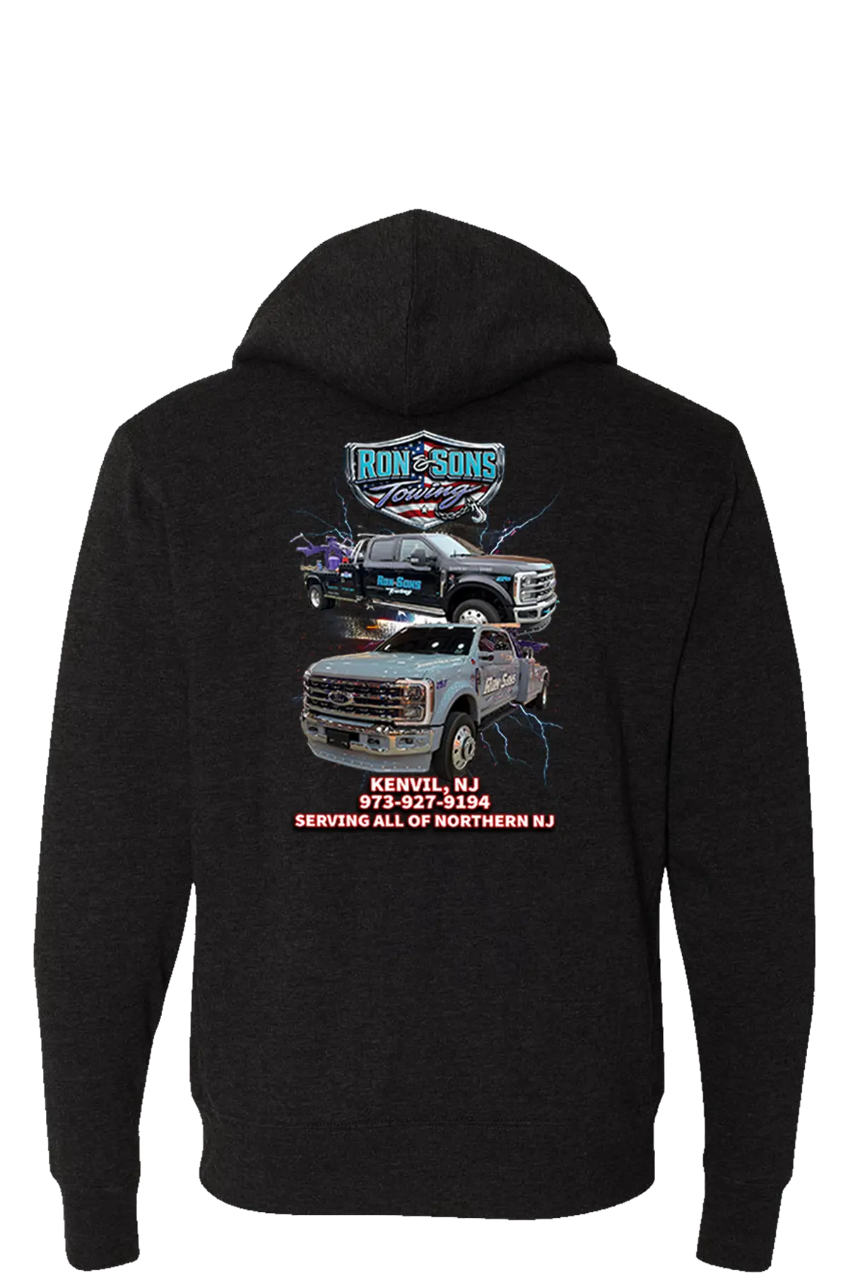 Black hoodie with a graphic of two trucks and text on the back, on a white background. Ron and Sons Towing, Paper Street Print Co, Blairstown, NJ.