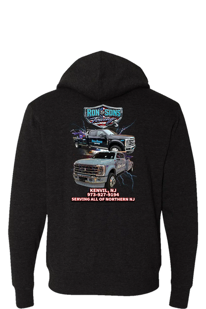 Black hoodie with a graphic of two trucks and text on the back, on a white background. Ron and Sons Towing, Paper Street Print Co, Blairstown, NJ.