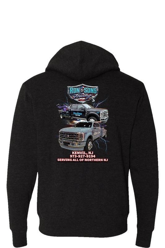 Black hoodie with a graphic of two trucks and text on the back, on a white background. Ron and Sons Towing, Paper Street Print Co, Blairstown, NJ.