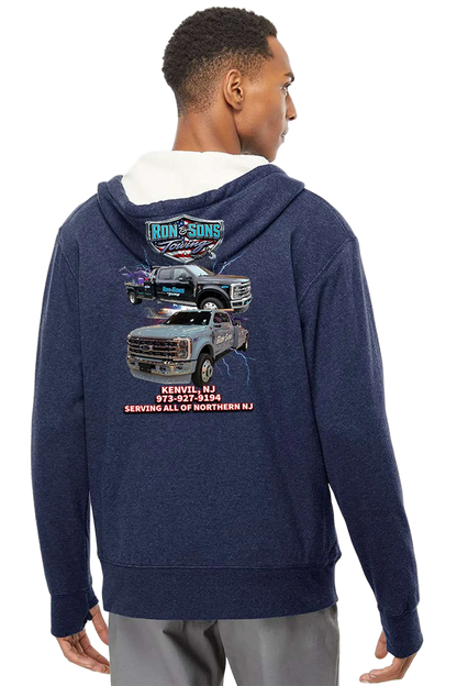 Person wearing a navy hoodie with a truck graphic and text on the back, on a white background. Ron and Sons Towing, Paper Street Print Co, Blairstown, NJ.