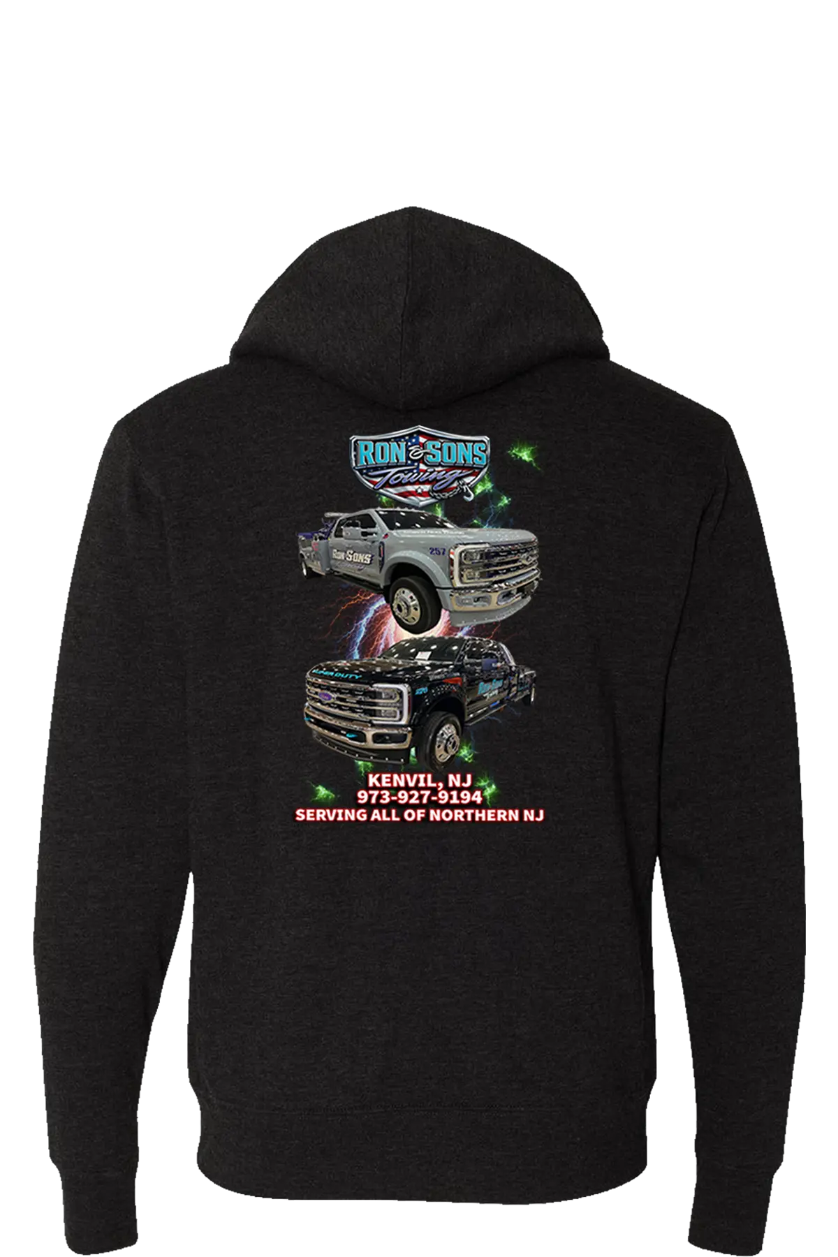 Black hoodie with graphics of trucks and text on a white background. Ron and Sons Towing, Paper Street Print Co, Blairstown, NJ.