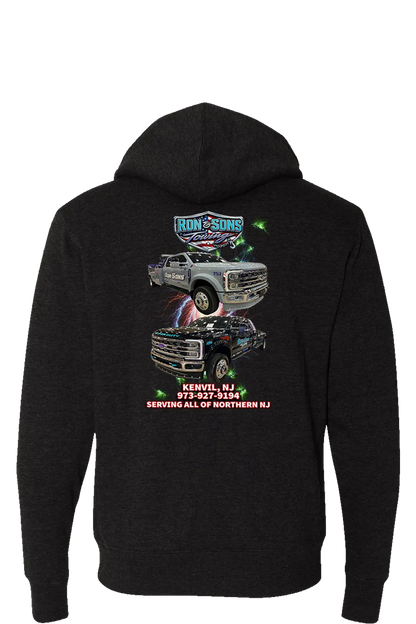 Black hoodie with graphics of trucks and text on a white background. Ron and Sons Towing, Paper Street Print Co, Blairstown, NJ.