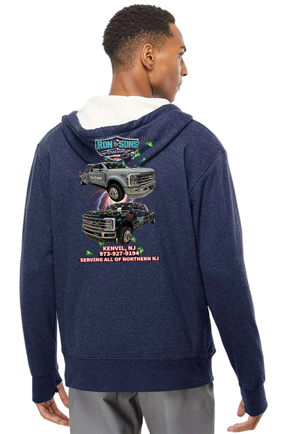 Person wearing a navy blue hoodie with graphics on the back, standing against a white background. Ron and Sons Towing, Paper Street Print Co, Blairstown, NJ.