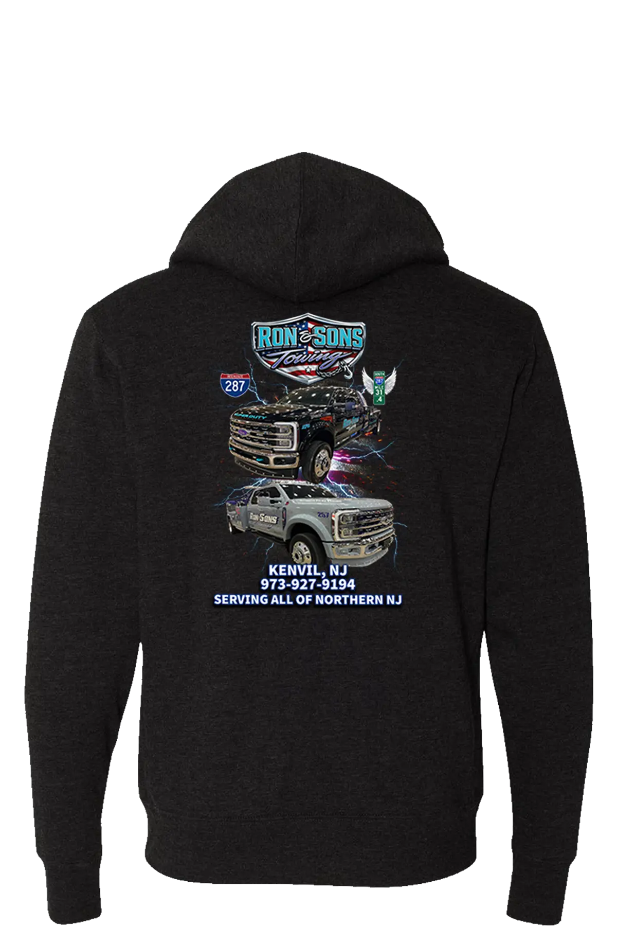 Black hoodie with a graphic of a truck and text on the back, on a white background. Ron and Sons Towing, Paper Street Print Co, Blairstown, NJ.