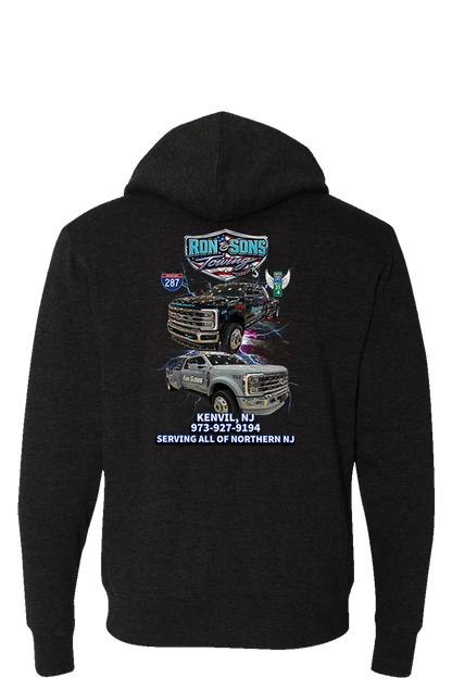 Black hoodie with a graphic of a truck and text on the back, on a white background. Ron and Sons Towing, Paper Street Print Co, Blairstown, NJ.