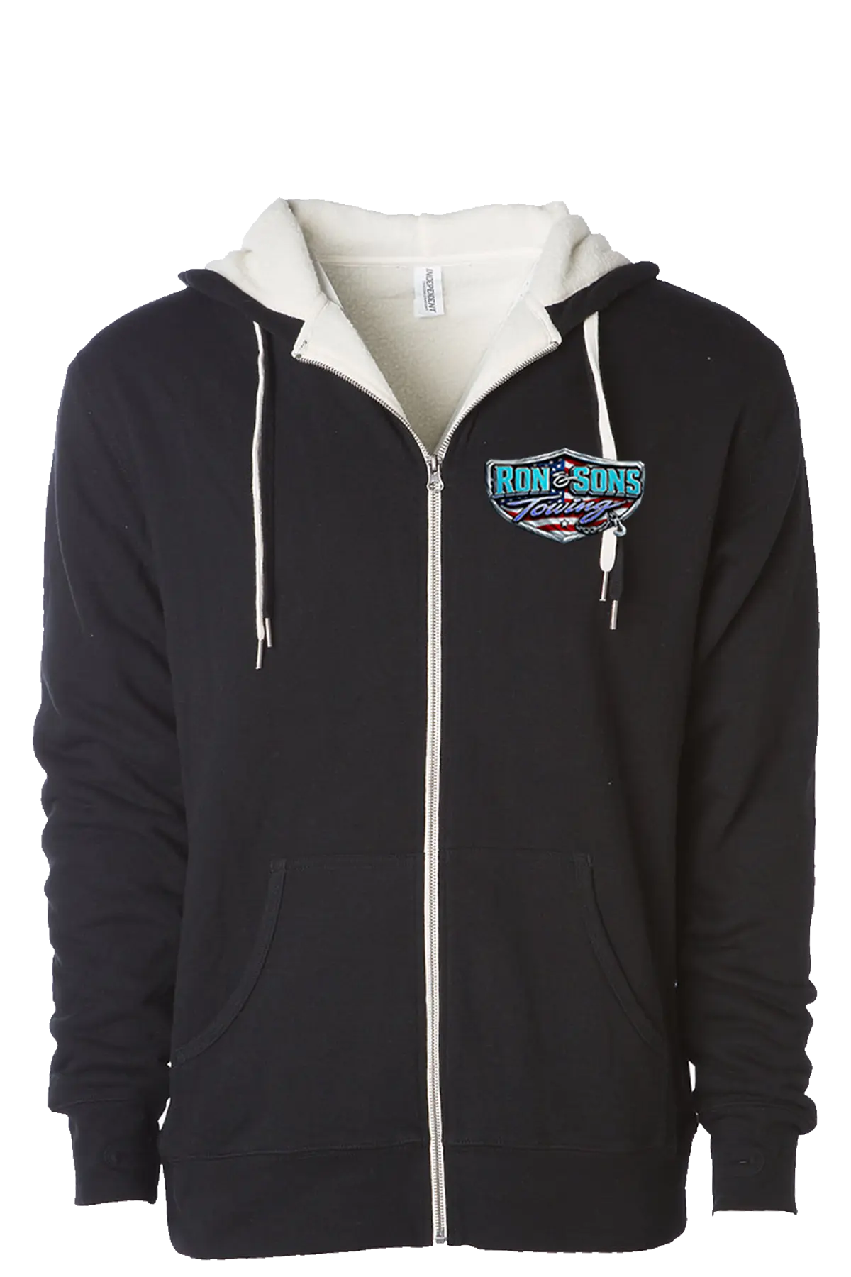 Black hoodie with a logo on the chest against a white background. Ron and Sons Towing, Paper Street Print Co, Blairstown, NJ.