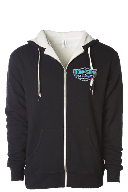 Black hoodie with a logo on the chest against a white background. Ron and Sons Towing, Paper Street Print Co, Blairstown, NJ.