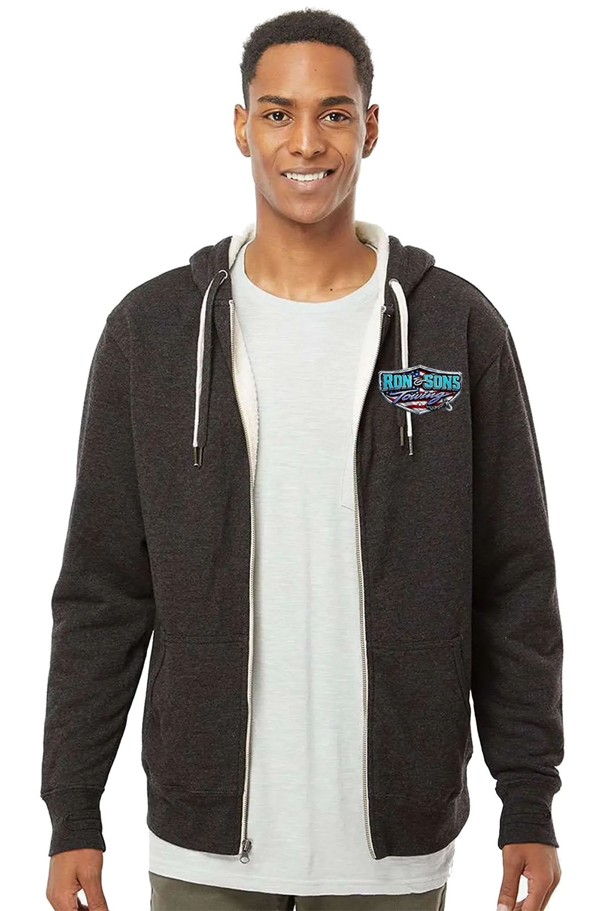 Man wearing a black hoodie with a logo on a white background. Ron and Sons Towing, Paper Street Print Co, Blairstown, NJ.