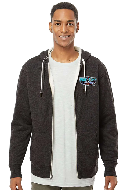 Man wearing a black hoodie with a logo on a white background. Ron and Sons Towing, Paper Street Print Co, Blairstown, NJ.