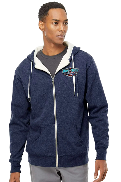 Man wearing a navy blue hoodie with a logo on a white background. Ron and Sons Towing, Paper Street Print Co, Blairstown, NJ.