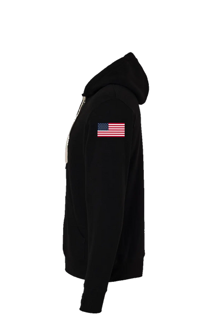 Black hoodie with an American flag patch on a white background. BRT Towing & Recovery, Paper Street Print Co, Blairstown, NJ.