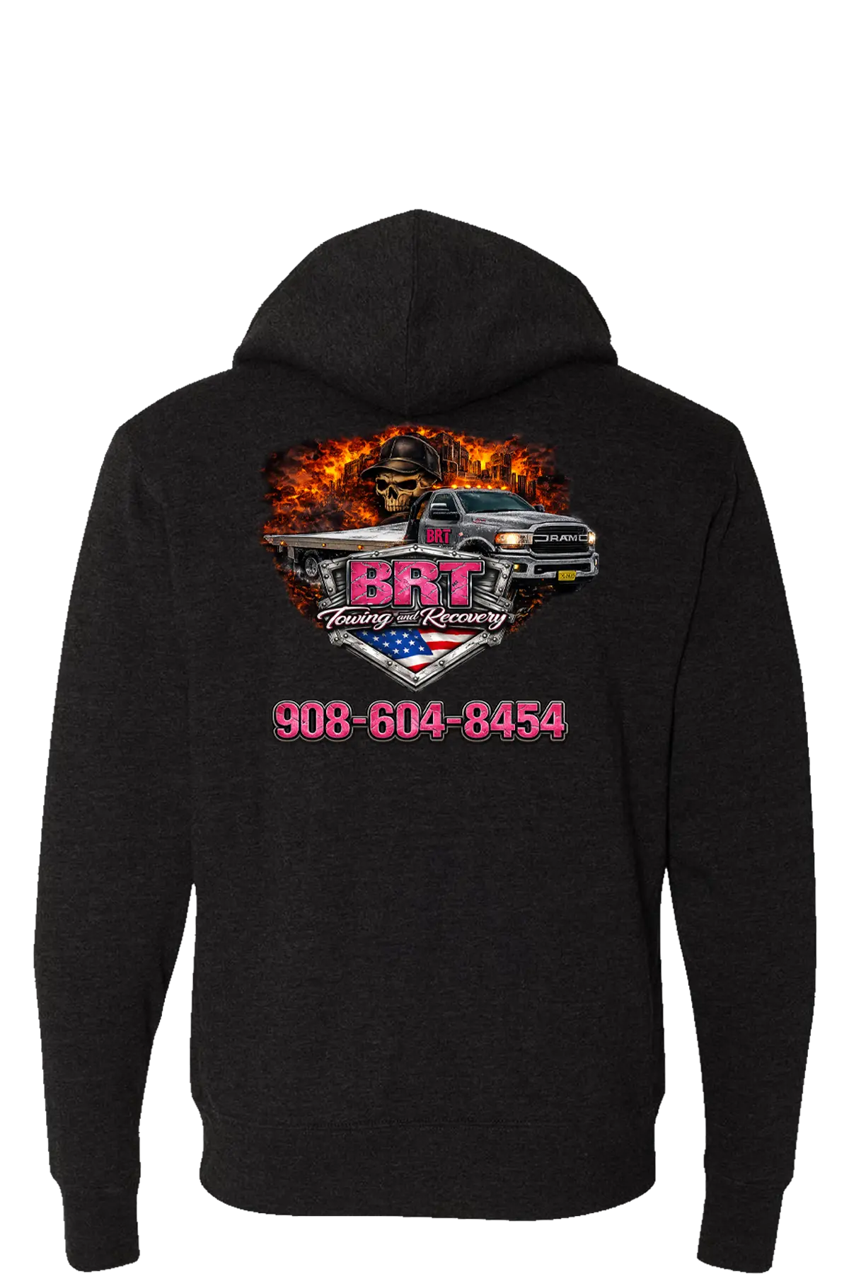Black hoodie with a graphic design on the back featuring a truck and text. BRT Towing & Recovery, Paper Street Print Co, Blairstown, NJ.