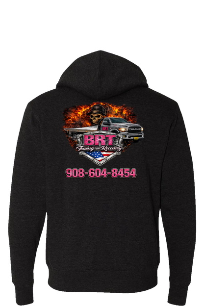 Black hoodie with a graphic design on the back featuring a truck and text. BRT Towing & Recovery, Paper Street Print Co, Blairstown, NJ.