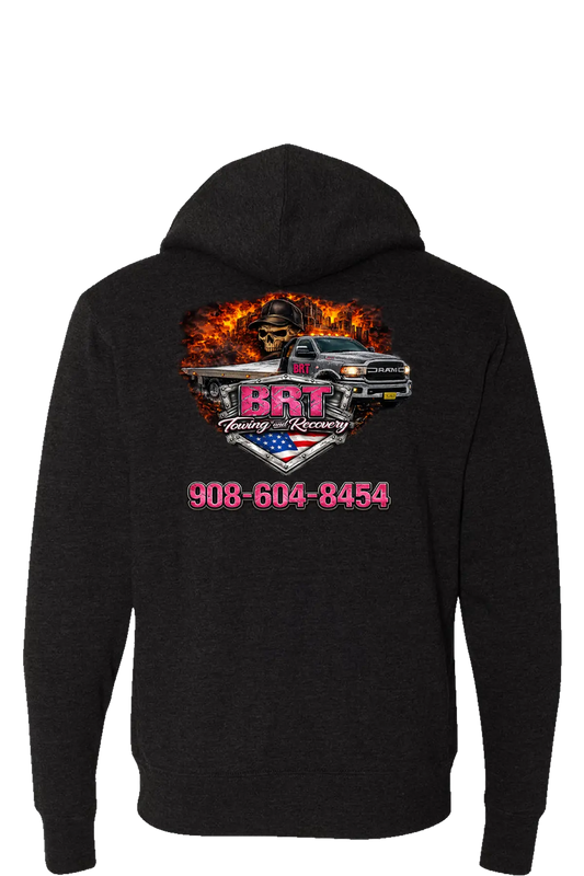 Black hoodie with a graphic design on the back featuring a truck and text. BRT Towing & Recovery, Paper Street Print Co, Blairstown, NJ.