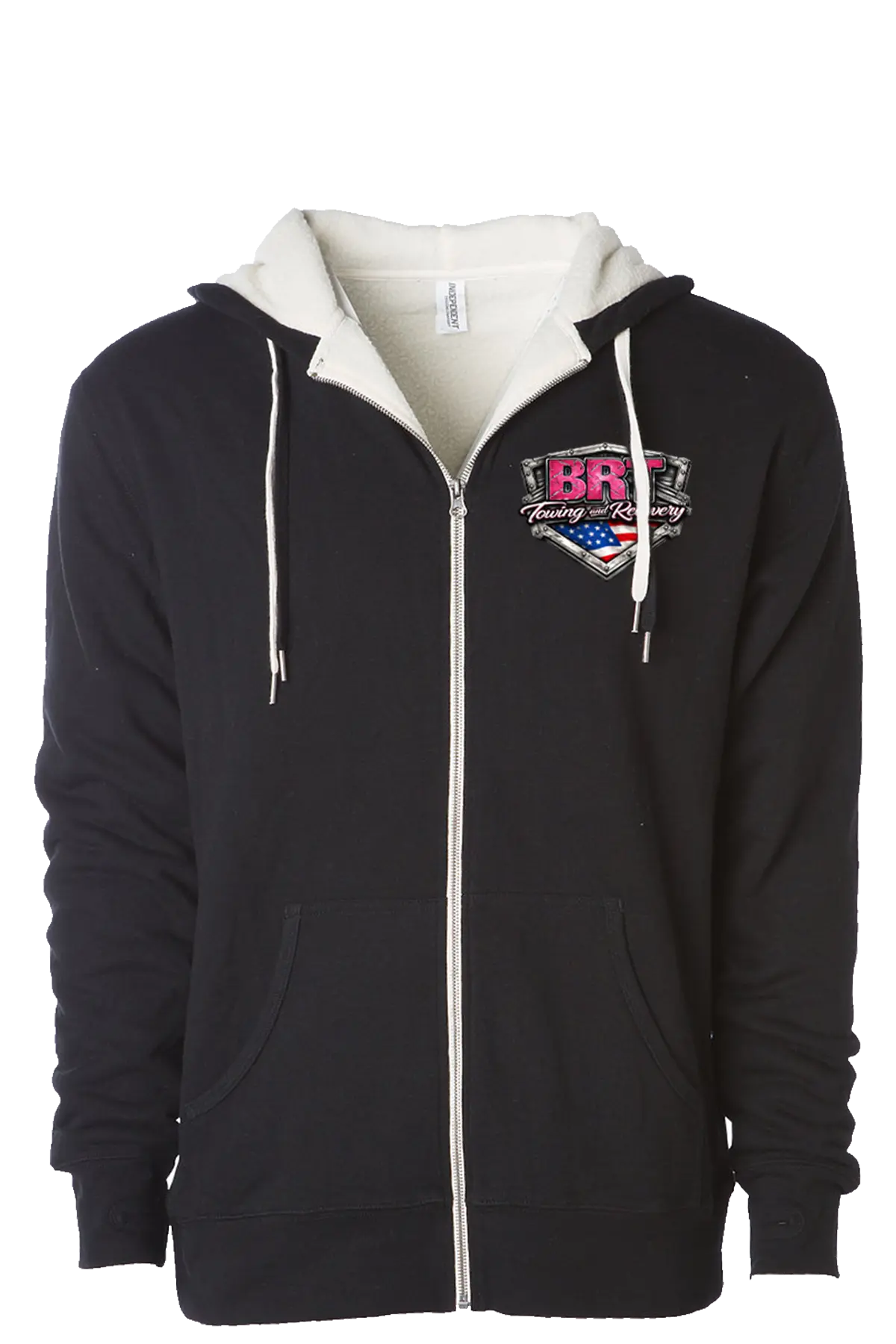 Black hoodie with a logo on the chest against a white background. BRT Towing & Recovery, Paper Street Print Co, Blairstown, NJ.