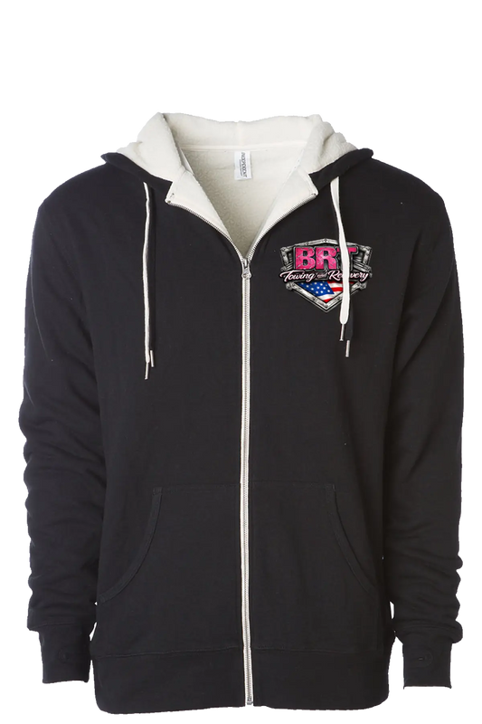 Black hoodie with a logo on the chest against a white background. BRT Towing & Recovery, Paper Street Print Co, Blairstown, NJ.