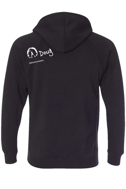 Black hoodie with white text and logo on the back, on a white background. #BIGDOUGENERGY Paper Street Print Co, Blairstown, NJ.