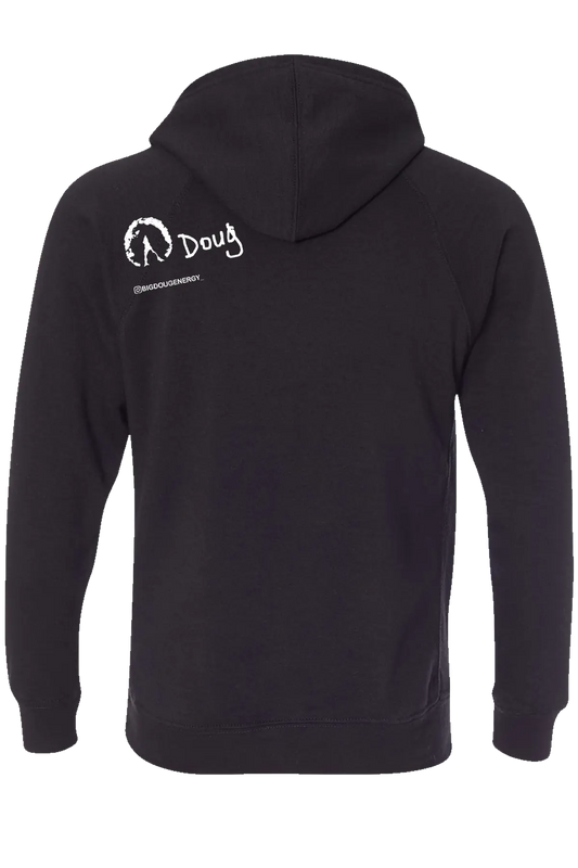 Black hoodie with white text and logo on the back, on a white background. #BIGDOUGENERGY Paper Street Print Co, Blairstown, NJ.