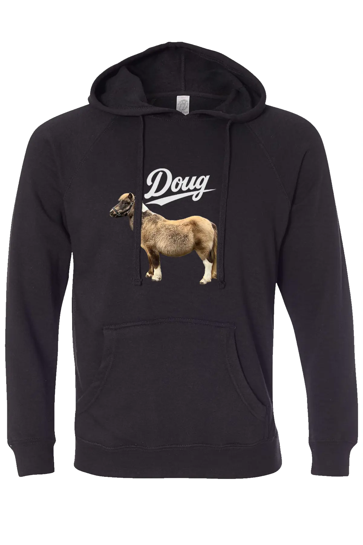 Black hoodie with a graphic of a cow and the word 'Doug' on a white  background. #BIGDOUGENERGY Paper Street Print Co, Blairstown, NJ.