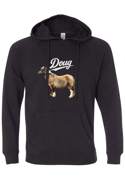 Black hoodie with a graphic of a cow and the word 'Doug' on a white  background. #BIGDOUGENERGY Paper Street Print Co, Blairstown, NJ.